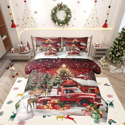 Merry Christmas Comforter Set 7 PCS,Luxury Christmas Trees and Gifts Bed Set for Girls Kids,Red Barn Truck Bed in a Bag Bedding Set with Comforter,Sheet Set,Pillowcases,Pillow Covers,King