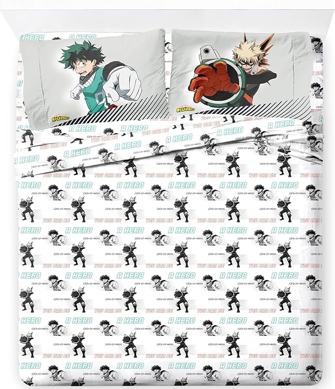 Jay Franco Kids Sheet Set with Fitted, Flat Sheets & Pillow Cover - Ultra-Soft Bedding with Pillowcase for Room Decor, White - My Hero Academia, 4 Piece Full