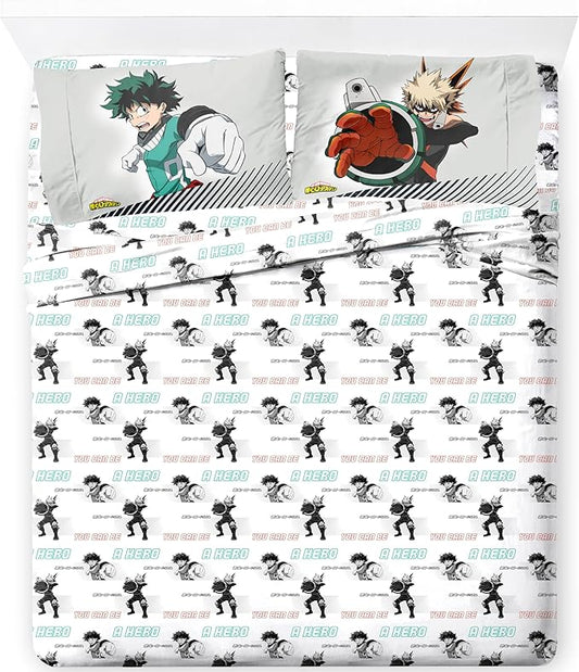Jay Franco Kids Sheet Set with Fitted, Flat Sheets & Pillow Cover - Ultra-Soft Bedding with Pillowcase for Room Decor, White - My Hero Academia, 4 Piece Full