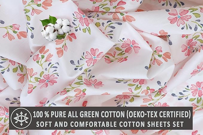 RUVANTI 100% Cotton Sheets – Queen Size Percale Bedding, Cooling & Breathable Floral Design, Durable with a Crisp, Soft & Comfortable Feel, 16" Deep Pocket, 4-Piece Set, Bloomex