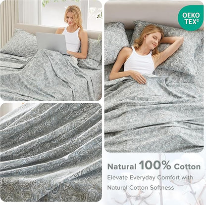 Comfort Spaces Extra Deep Pocket, 100% Cotton King Fits up to 24" Mattress, Breathable, Naturally Cool Cotton, Soft Cotton Sheets, All Seasons Sheet Set, Paisley 4 Piece