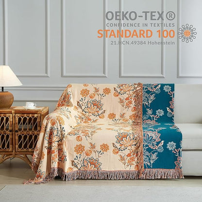 Boho Throw Blanket for Bed 80”x90”, 100% Cotton Woven Blanket for Couch Sofa, Ultra Soft 4-Layer Muslin Quilt with Floral Printed, Farmhouse Bed Blanket/Cover for Living Room Decor