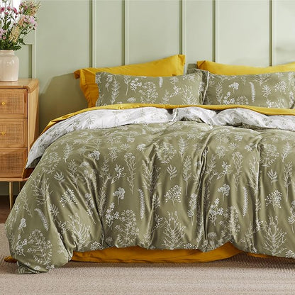 Bedsure Twin/Twin XL Duvet Cover - Reversible Olive Green Duvet Cover Set with Zipper Closure, 2 Pieces Cute Floral Patterned Bedding Set with 8 Corner Ties and 1 Pillow Sham