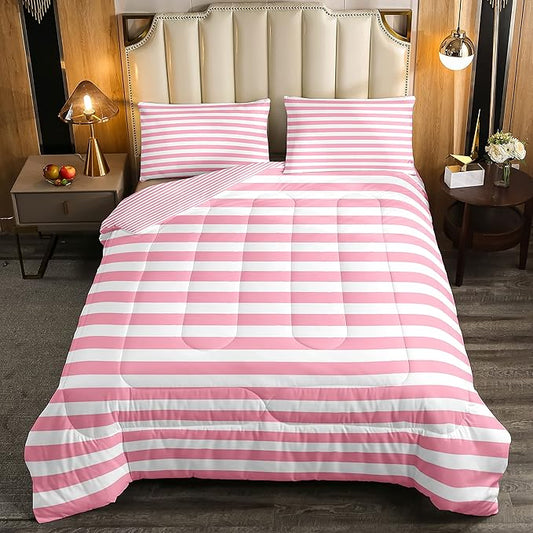 Pink Striped Comforter Set for Kids Girls Red White Stripe Bedding Set Twin Farmhouse Ticking Stripes Women Reversible Down Comforter Decor Horizontal Stripes Geometric Lines Lightweight Duvet Set