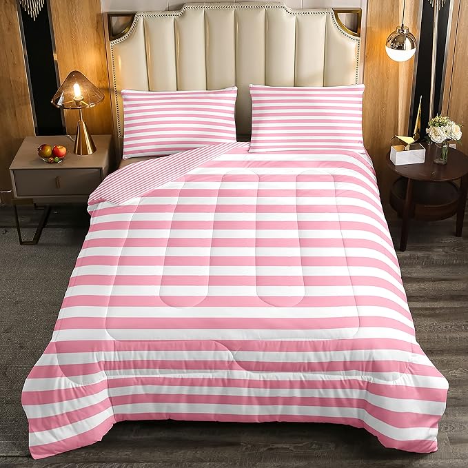 Pink Striped Comforter Set for Kids Girls Red White Stripe Bedding Set King Farmhouse Ticking Stripes Women Reversible Down Comforter Decor Horizontal Stripes Geometric Lines Lightweight Duvet Set