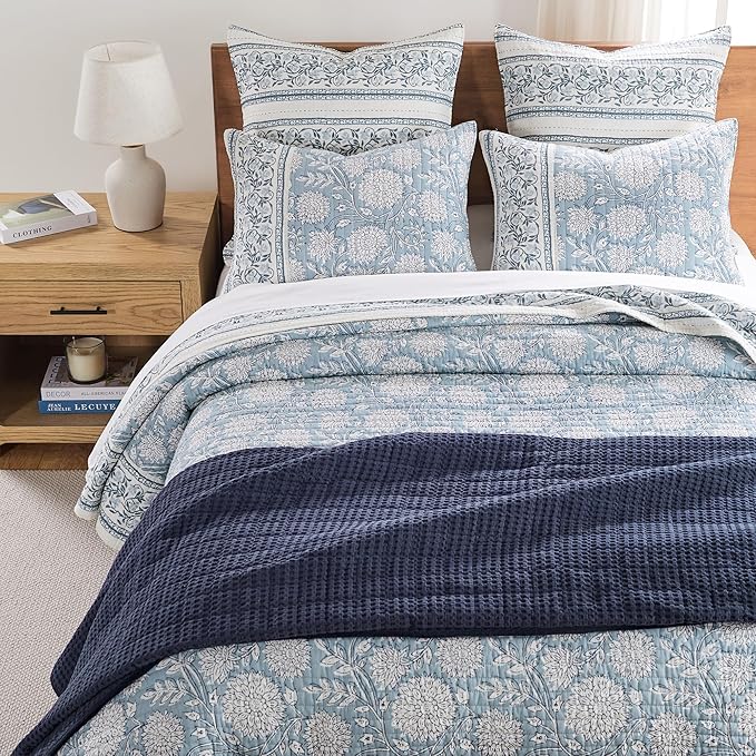 Levtex Home Adare Blue Reversible Twin XL/Twin Quilt Set (68x86in) with 1 Pillow Sham (26x20in) - Floral Bedding - Blue White - Cotton Twin Size Quilt Bedding Set - Lightweight, Soft, Pre-Washed