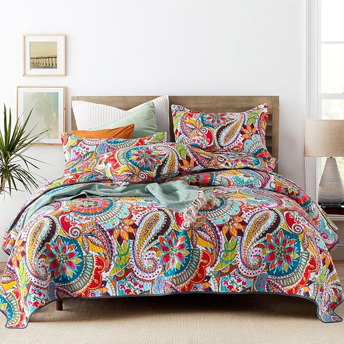 Qucover King Size Quilt Bedding Set, 100% Cotton Boho Bedspread, Vibrant Colorful Gorgeous Paisley Print Coverlet for Living Bedroom, Bed Cover with 2 Pillow Shams, 98x106 Inches