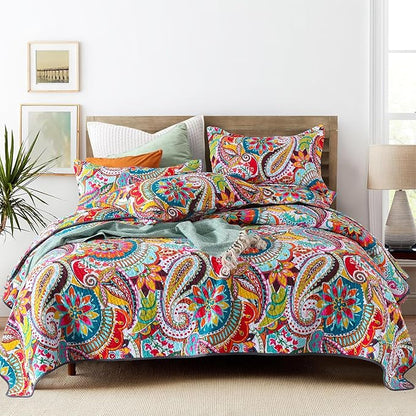 Qucover King Size Quilt Bedding Set, 100% Cotton Boho Bedspread, Vibrant Colorful Gorgeous Paisley Print Coverlet for Living Bedroom, Bed Cover with 2 Pillow Shams, 98x106 Inches
