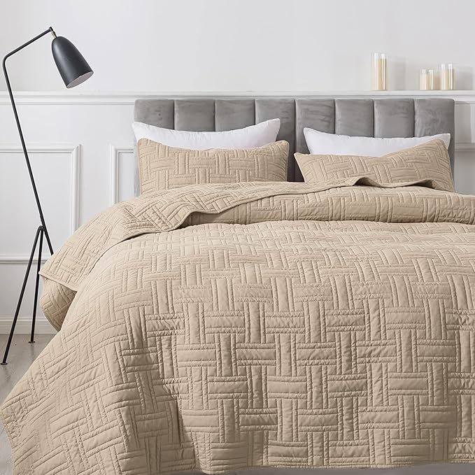 California Oversized Quilt King Size Bedding Sets with Pillow Shams, Beige Lightweight Soft Bedspread Coverlet, Cal Super Quilted Blanket Thin Comforter Bed Cover for All Season, 118x106 inches