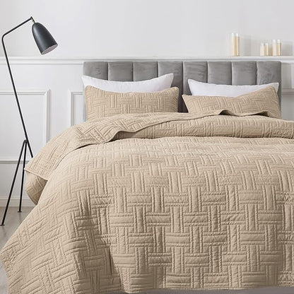California Oversized Quilt King Size Bedding Sets with Pillow Shams, Beige Lightweight Soft Bedspread Coverlet, Cal Super Quilted Blanket Thin Comforter Bed Cover for All Season, 118x106 inches