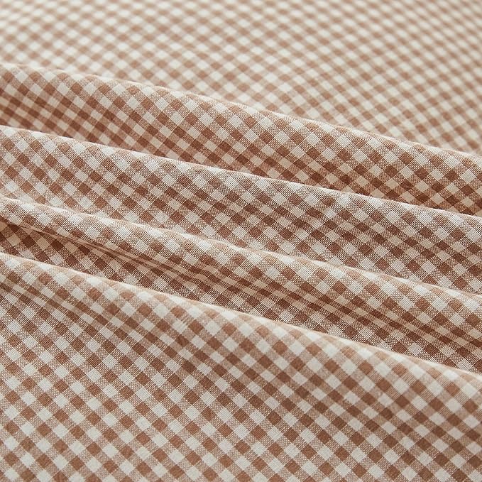 Light Brown Gingham Twin Size Duvet Cover Washed Cotton Plaid Twin Comforter Cover Farmhouse Boho Cute Soft Duvet Cover Set with Ties Checkered Tan Bedding Set Breathable Duvet Protector