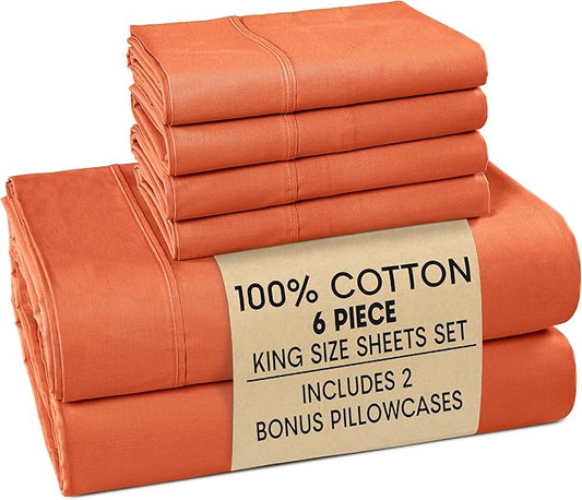 Casa Platino 100% Cotton Sheets King Size – Breathable Crisp Percale King Mattress Sheets with 4 Pillowcases, 15" Deep Pocket Fitted Sheet, Ultra Soft & Cozy Feel for Great Nights Sleep – Rust