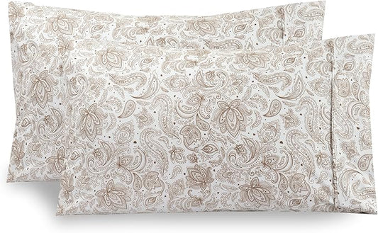 Elegant Comfort Ultra Soft Set of 2 Floral Print Pillowcases - 1500 Premium Hotel Quality Microfiber, Soft and Smooth Envelope Closure 2-Piece Pillow Covers - King, Paisley Taupe