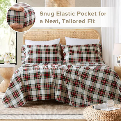 Comfort Spaces 100% Cotton Sheets Cal King, Breathable, Naturally Cool Cotton Sheets, Cotton Bed Sheets 14" Elastic Pocket Fits up to 16" Mattress, All Seasons Sheet Set, Scottish Plaid Red 4 Piece