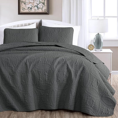 Chezmoi Collection Austin 3-piece Oversized Bedspread Coverlet Set (Queen, Charcoal) | Oversized, Lightweight, Fade Resistant