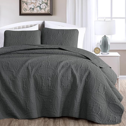 Chezmoi Collection Austin 3-piece Oversized Bedspread Coverlet Set (Queen, Charcoal) | Oversized, Lightweight, Fade Resistant