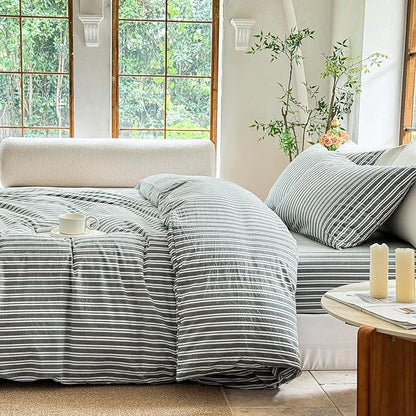 Striped Duvet Cover Set 100% Washed Cotton Linen Like Soft Feelling Breathable Bedding(Olive Green/White Strip,Twin)