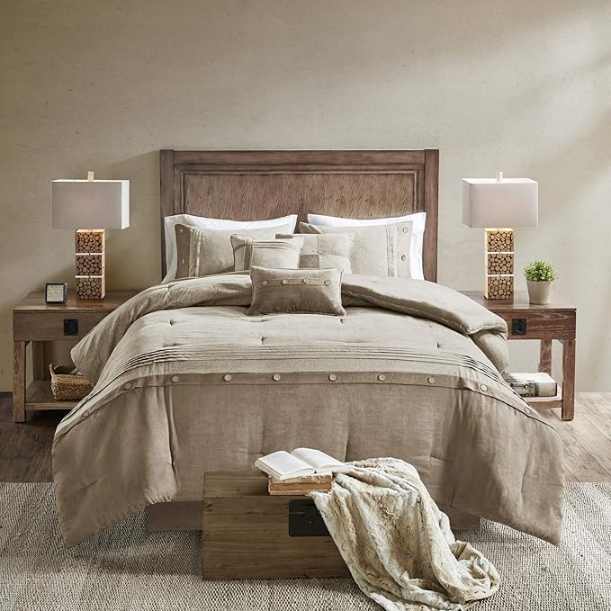 Madison Park Boone Cozy Comforter Set, Faux Suede, Deluxe Hotel Styling All Season Down Alternative Bedding Matching Shams, Decorative Pillow, Queen (90 in x 90 in), Rustic Tan 7 Piece