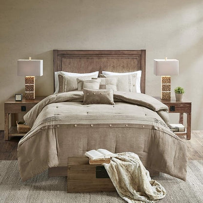 Madison Park Boone Cozy Comforter Set, Faux Suede, Deluxe Hotel Styling All Season Down Alternative Bedding Matching Shams, Decorative Pillow, King (104 in x 92 in), Rustic Tan 7 Piece