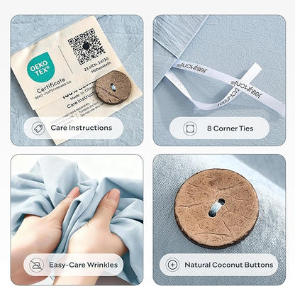 JELLYMONI 100% Washed Cotton Duvet Cover King – Soft, Breathable Linen-Look Bedding with Natural Wrinkle Texture, Button Closure, 3-Piece Set (Mist Blue, 104"x90")