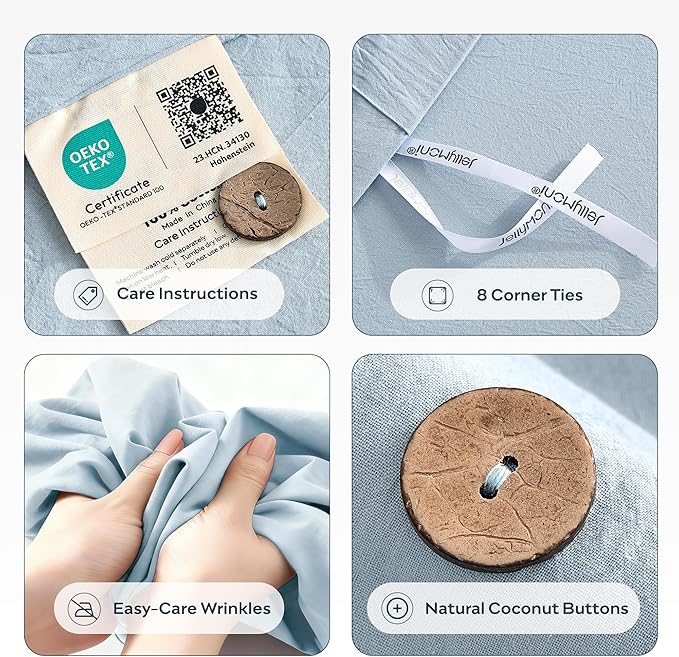 JELLYMONI 100% Washed Cotton Duvet Cover Twin – Soft, Breathable Linen-Look Bedding with Natural Wrinkle Texture, Button Closure, 2-Piece Set (Mist Blue, 68"x90")