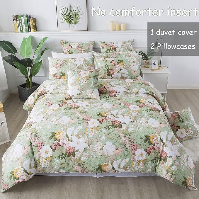 FADFAY Girls Floral Duvet Cover Set Twin 100% Cotton Bedding 600 TC Mint Green and White Flower Elegant Garden Lily Printed Comforter Cover Zipper Corner Ties Soft Bed Cover 3 Pcs