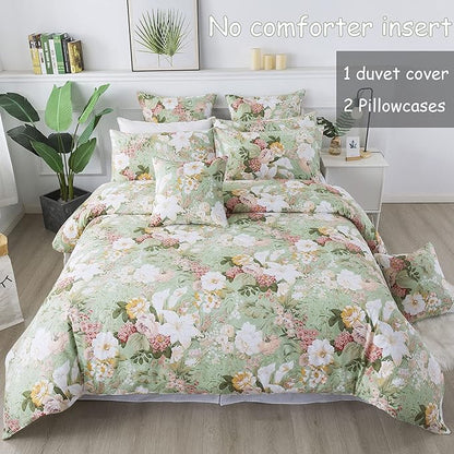 FADFAY Floral Duvet Cover Set Twin XL School Bedding 100% Cotton Garden Flower Bed Cover Soft 600 TC Shabby Vintage College Dorm Bedding Extra Long Zipper Corner Ties 3 Pcs- No Filling