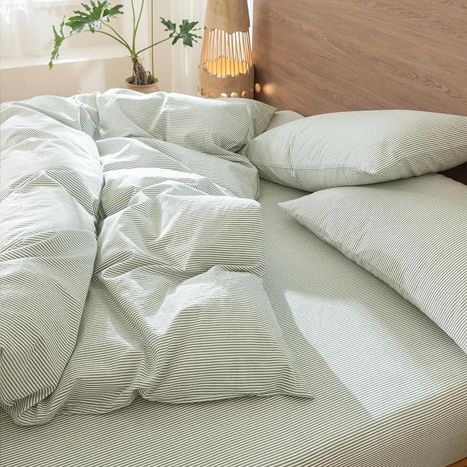 MooMee Striped Duvet Cover Set 100% Washed Cotton Linen Like Textured Breathable Durable Soft Comfy (Sage Green White Pinstripes, Palatial King/Oversized King 120"x98")