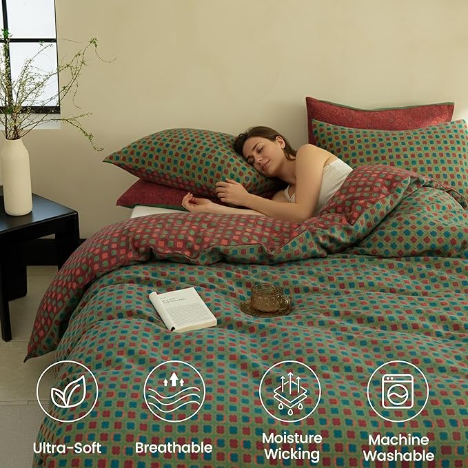 BISELINA 100% Cotton Muslin Duvet Cover Set King, 3 Pcs Yarn-Dyed Jacquard Textured Vintage Geometric Checkered Pattern, Soft and Breathable Bedding Set with Zipper Closure, Green Red