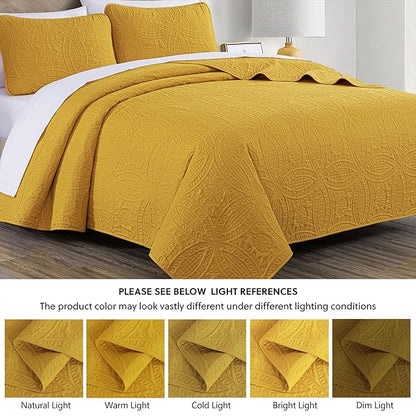 Chezmoi Collection Austin King Bedspread Set 3-Piece Pinsonic Quilted Oversized Bedspread Coverlet Set, King, Mustard | Oversized, Lightweight, Fade Resistant