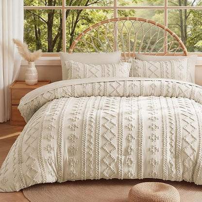 MR&HM California King Comforter Set Beige, 7 Pieces Tufted Boho Beddding Sets, Farmhouse Style Bed in a Bag with 1 Comforter, 2 Pillow Shams, 2 Pillowcases, 1 Flat Sheet, 1 Fitted Sheet