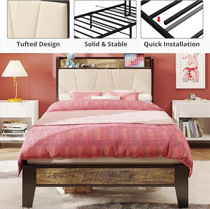 LIKIMIO Twin XL Bed Frames, Storage Headboard with Charging Station, Solid and Stable, Noise Free, No Box Spring Needed, Easy Assembly (Walnut and Beige)