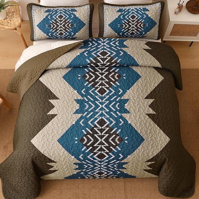 Dintszyayue Brown Boho Quilt Set Queen, Aztec Western Quilt Bedspread Set, 3 Pieces Texture Bedspread Southwestern Bedding Set, Soft Lightweight Coverlet Set for All Season with 2 Pillowcases