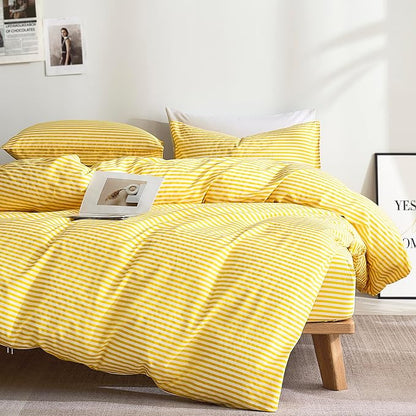 JELLYMONI 100% Natural Cotton 3pcs Striped Duvet Cover Sets,Yellow with White Stripes Pattern Printed Comforter Cover,with Zipper Closure & Corner Ties(King Size)