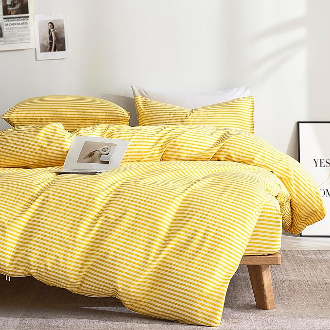 JELLYMONI 100% Natural Cotton 3pcs Striped Duvet Cover Sets,Yellow with White Stripes Pattern Printed Comforter Cover,with Zipper Closure & Corner Ties(Full Size)