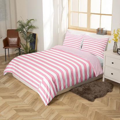 Pink Striped Comforter Set for Kids Girls Red White Stripe Bedding Set King Farmhouse Ticking Stripes Women Reversible Down Comforter Decor Horizontal Stripes Geometric Lines Lightweight Duvet Set