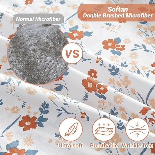 Softan Floral Twin Size Sheet Set, Orange Flower Printed Bed Sheets for Girls, 3-Piece Microfiber Single Fitted Sheet with 15" Deep Pocket & Non-Slip Straps, Patterned Bedding Sheets & Pillowcase Set