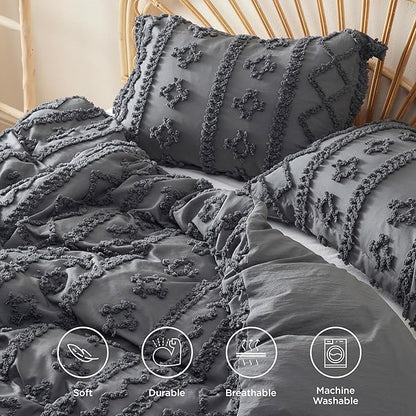 Bedsure Boho Duvet Cover Queen Size, Soft & Comfortable Elegant Design Boho Bedding for Decoration, Machine Washable Comforter Cover for All Seasons,Includes 1 Duvet Cover & 2 Pillow Shams,Dark Grey