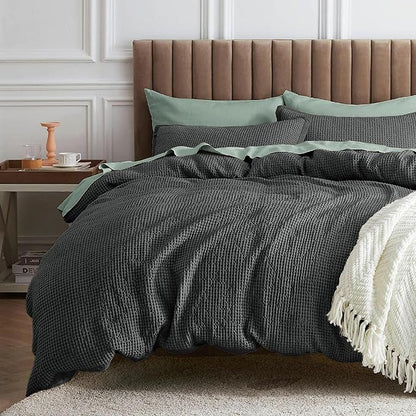 Bedsure Waffle Comforter Set California King, Charcoal Soft Bedding, Waffle Weave Bed Set, 3 Pieces, 1 Comforter (104"x96") and 2 Pillow Shams, Cotton Shell and Polyester Lining for All Seasons