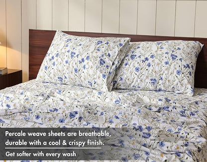 RUVANTI 100% Cotton Sheets – Full Size Percale Bedding, Cooling & Breathable Floral Design, Durable with a Crisp, Soft & Comfortable Feel, 16" Deep Pocket, 4-Piece Set, Sweet Pea