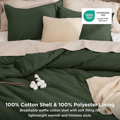 Bedsure Waffle Comforter Set Queen, Olive Green Soft Bedding, Waffle Weave Bed Set, 3 Pieces, 1 Comforter (90"x90") and 2 Pillow Shams, Cotton Shell and Polyester Lining for All Seasons