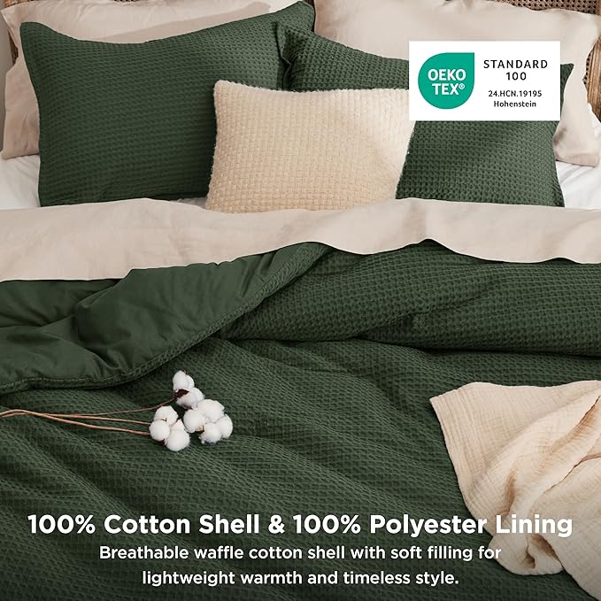 Bedsure Waffle Comforter Set King, Olive Green Soft Bedding, Waffle Weave Bed Set, 3 Pieces, 1 Comforter (104"x90") and 2 Pillow Shams, Cotton Shell and Polyester Lining for All Seasons