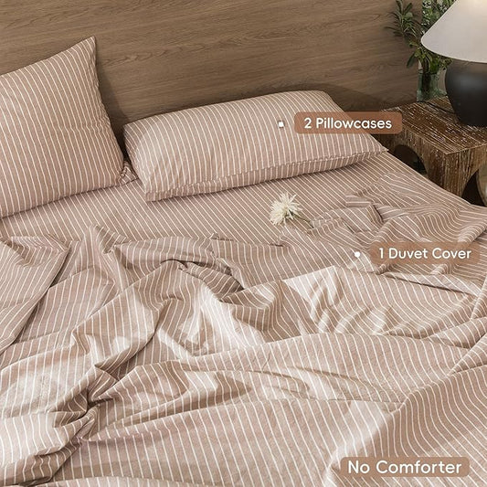 MooMee Striped Duvet Cover Set 100% Washed Cotton Linen Like Textured Breathable Durable Soft Comfy (Orange White Wide Stripes, Full 80"x90")