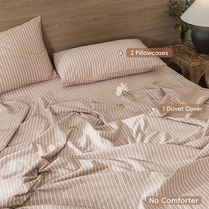 MooMee Striped Duvet Cover Set 100% Washed Cotton Linen Like Textured Breathable Durable Soft Comfy (Orange White Wide Stripes, Cal King 104"x98")