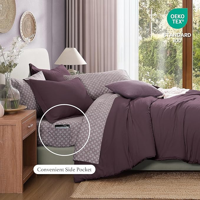 Monbix Full Size Comforter Set - 7 Pieces ltalian Plum Prewashed Bed in a Bag Full Bedding Sets with Comforters, All Seasons Comforter Bed Set with Sheets, Pillowcases & Shams