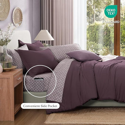 Monbix Queen Comforter Set - 7 Pieces ltalian Plum Prewashed Bed in a Bag Queen Bedding Sets with Comforters, All Seasons Ultra Soft Comforter Bed Set with Sheets,Pillowcases & Shams