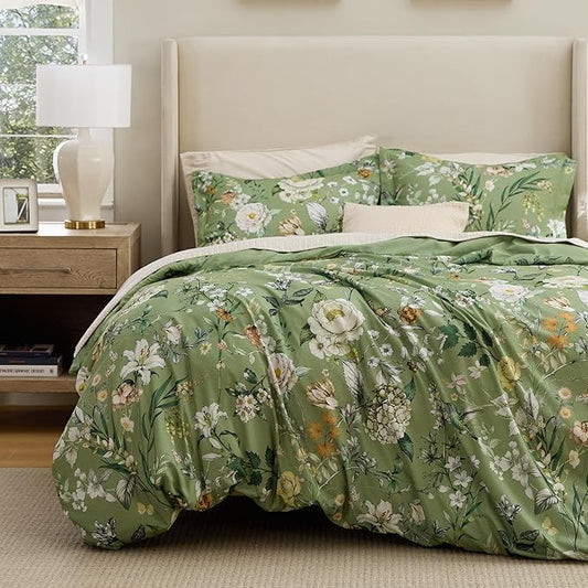 Bedsure Duvet Cover King Size - Reversible Green Floral&Bird Duvet Cover Set with Zipper Closure, 3 Pieces Mistletoe Bedding Set with 8 Corner Ties and 2 Pillow Shams 20"x36"