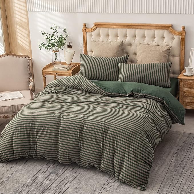 PURE ERA Jersey Knit Duvet Cover Set 100% T-Shirt Heather Cotton Super Soft Comfy Classic Striped Design, with Zipper Closure, Forest Green Stripe, Cal King