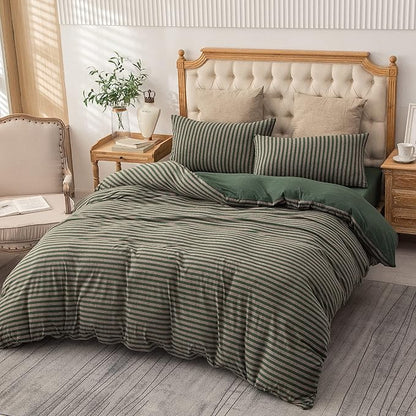 PURE ERA Jersey Knit Duvet Cover Set 100% T-Shirt Heather Cotton Super Soft Comfy Classic Striped Design, with Zipper Closure, Forest Green Stripe, Cal King
