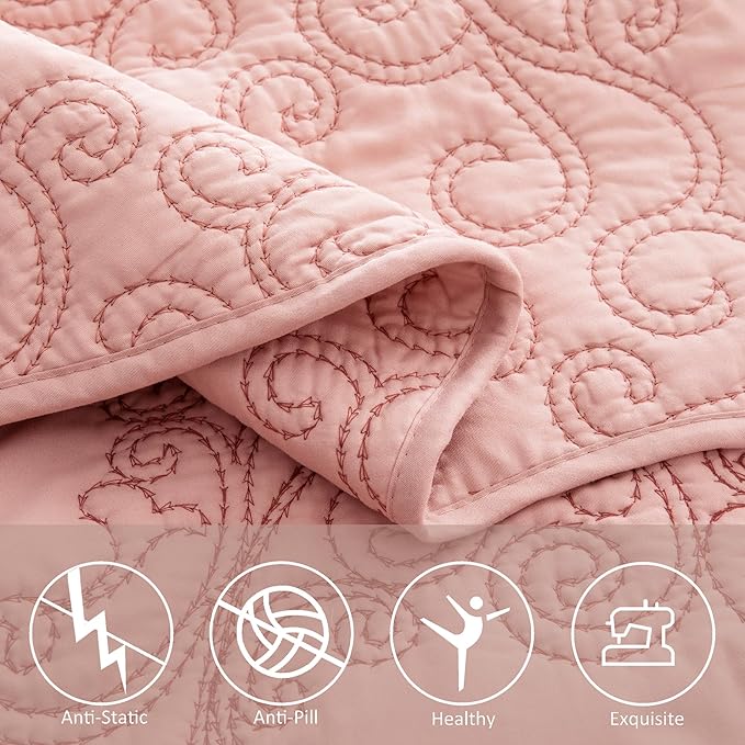 Home Soft Things Damask 4 Piece Bedspread Set, Scalloped Edge Reversible Quilt Coverlet Comforter Prewashed Bedding Set, Matelasse Embossed Floral Solid Pattern,Dusty Pink Oversize Queen(110" x 120")